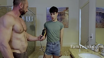 Timid Stepson Helps Step-dad Shave His ball-sac sack of babymakers